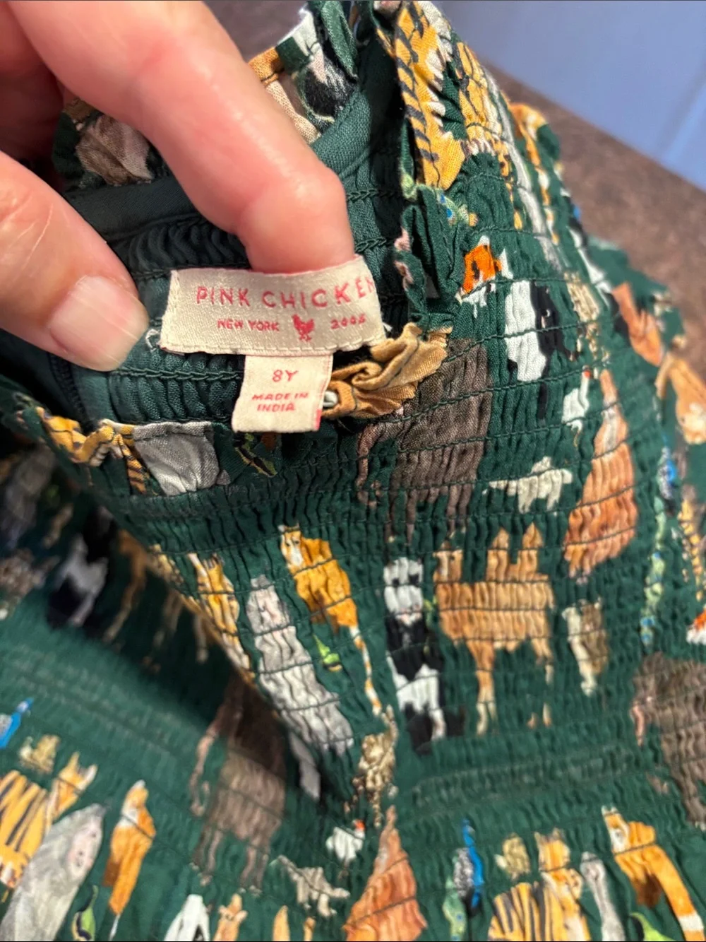 Pink Chicken Green Smock Animal Print Dress-8Y-NWOT